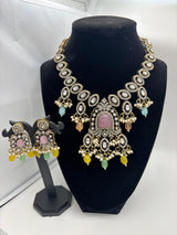 Elegant Antique Gold Statement Necklace Set with Multicolor Stone Accents