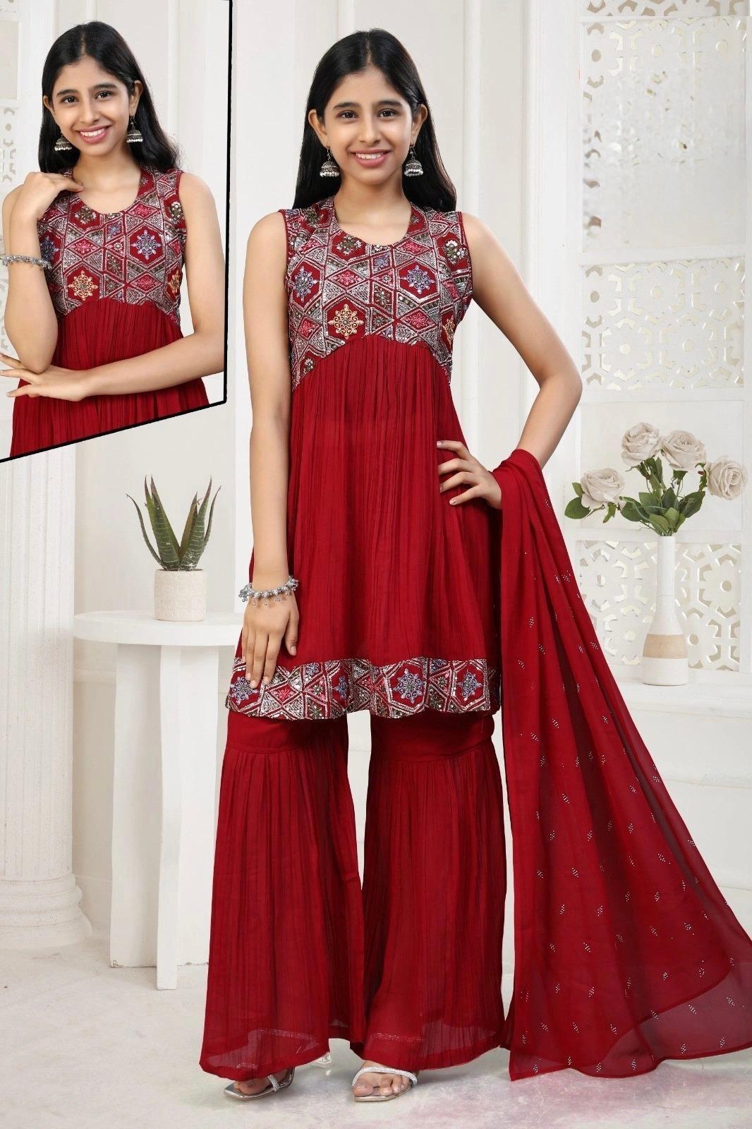 Embroidered Pleated Kurta Sharara Set with Dupatta