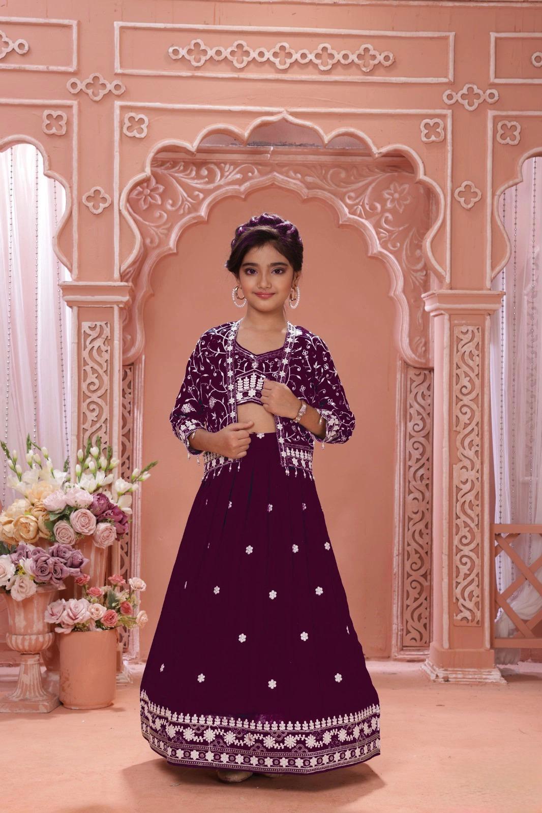 egant Girls Embroidered Lehenga Set with Jacket