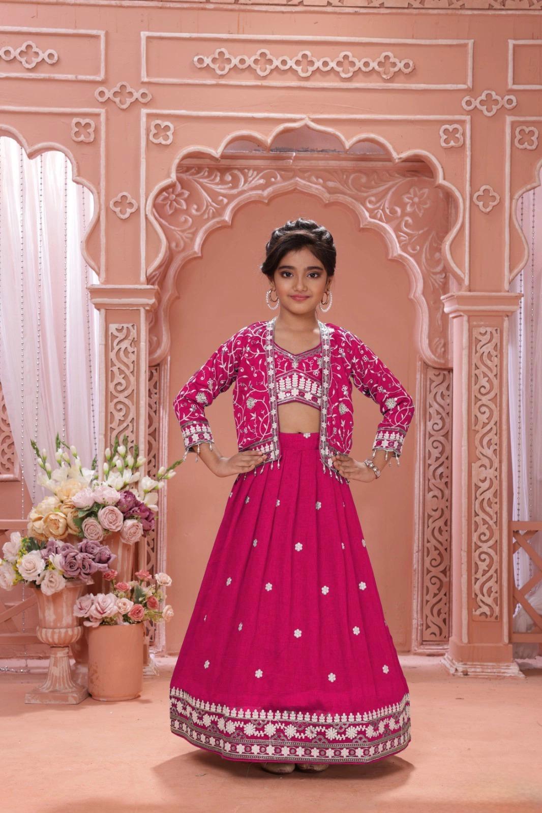 egant Girls Embroidered Lehenga Set with Jacket