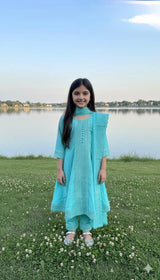 Elegant Girls Pastel Kurta Set with Dupatta (White, Pink, Aqua)