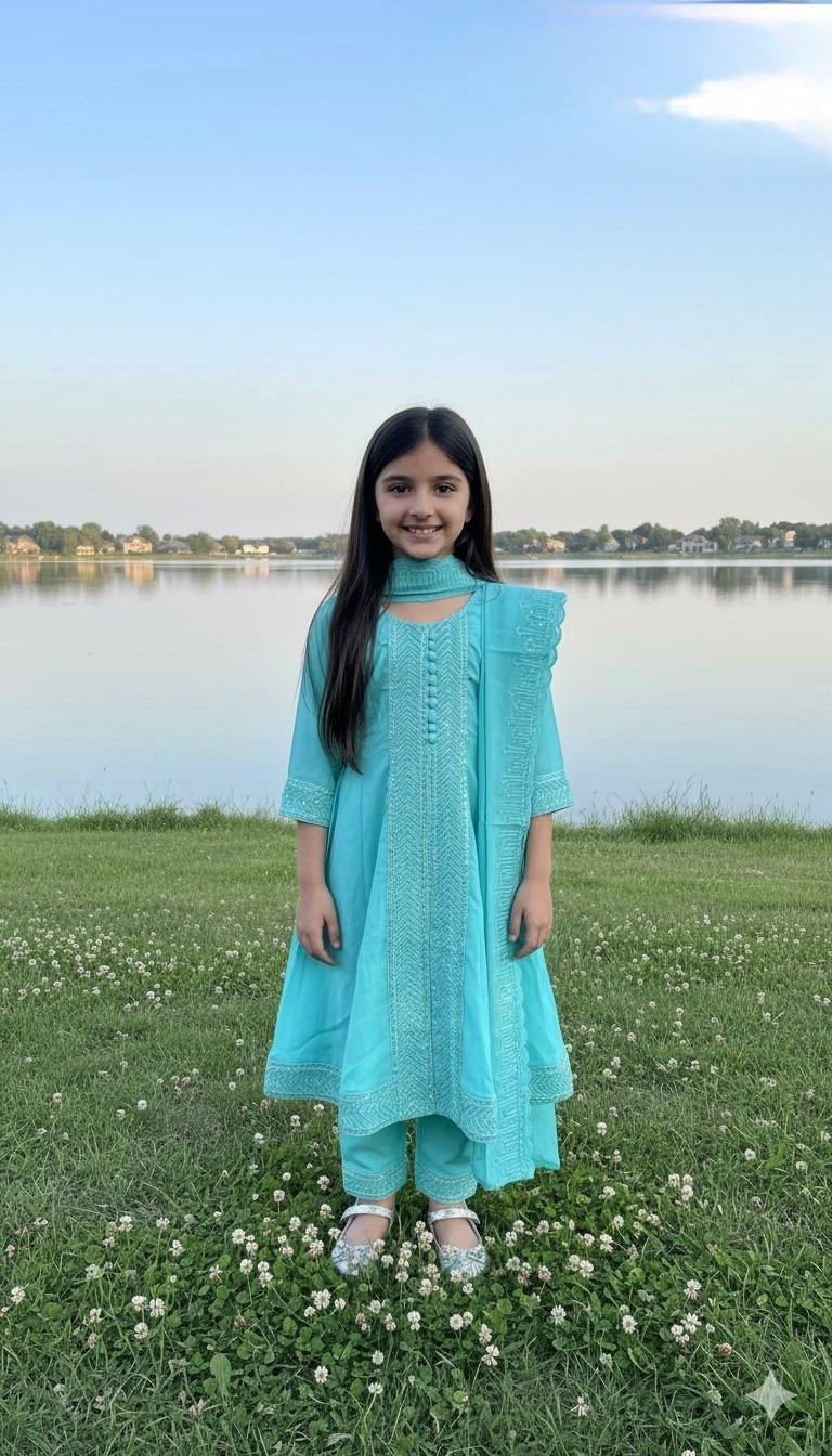 Elegant Girls Pastel Kurta Set with Dupatta (White, Pink, Aqua)