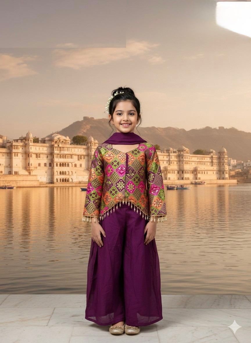 Vibrant Girls Embroidered Sharara Set with Dupatta (Multicolor)