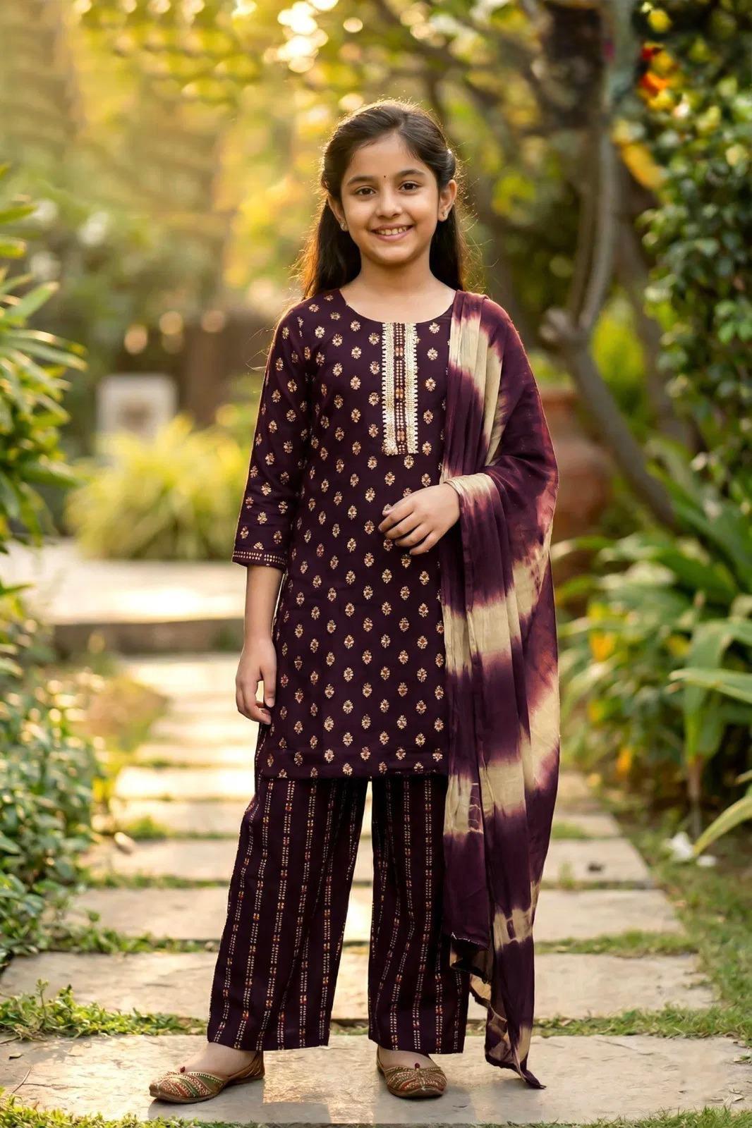 Graceful Girls Kurta Palazzo Set with Tie-Dye Dupatta (Maroon, Plum, Green, Black)
