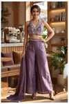 Lavender Embroidered Halter Blouse with Wide-Leg Palazzo & Dupatta Set