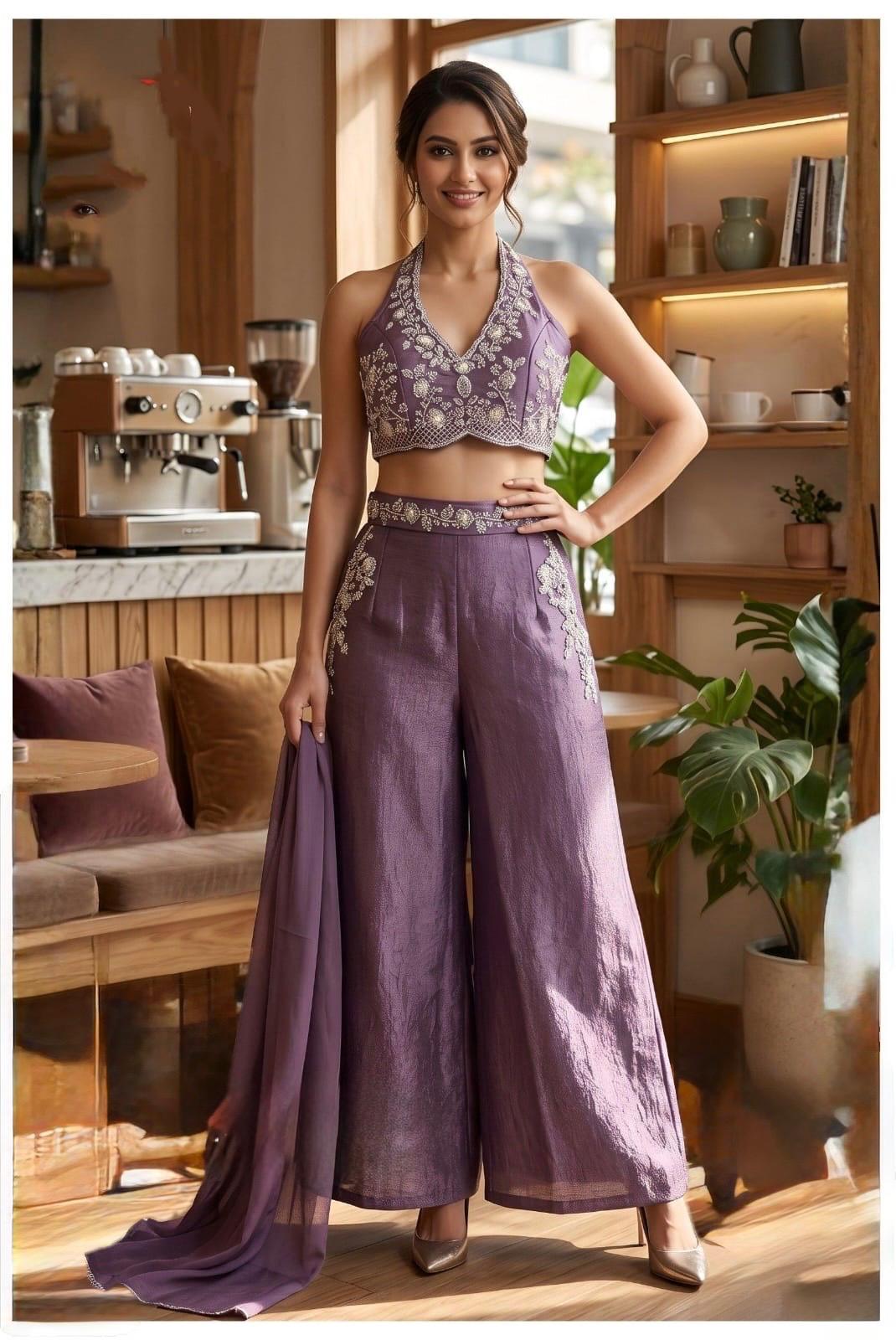 Lavender Embroidered Halter Blouse with Wide-Leg Palazzo & Dupatta Set