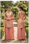 Peach Embroidered Kurti with Wide-Leg Palazzo & Dupatta Set
