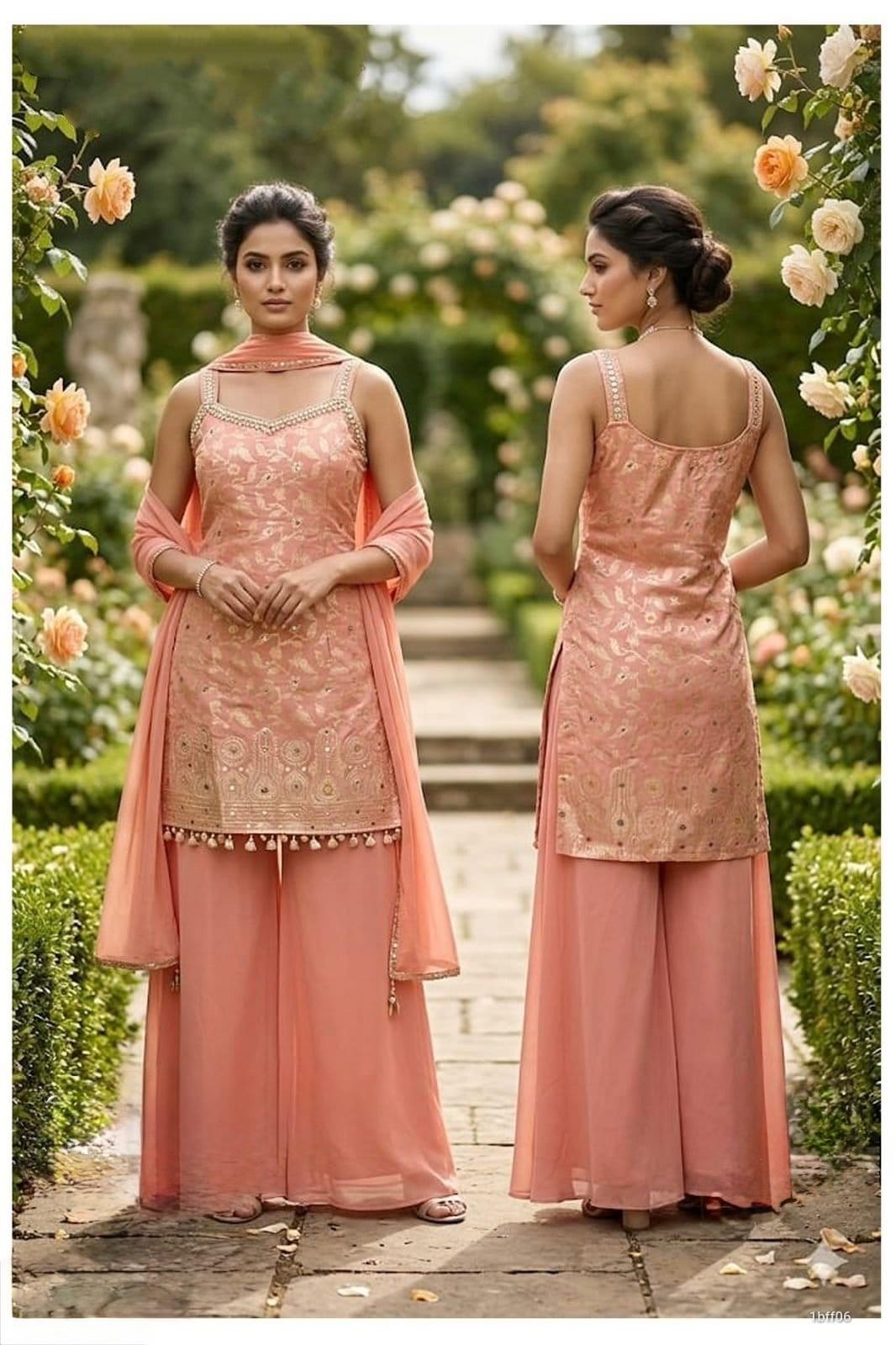 Peach Embroidered Kurti with Wide-Leg Palazzo & Dupatta Set