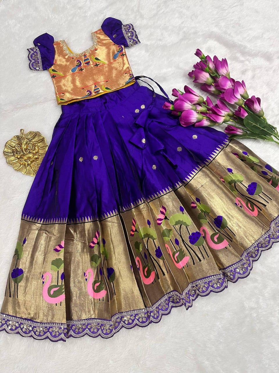 Semi Pattu Pavadai Lehenga Set for Girls with Woven Border