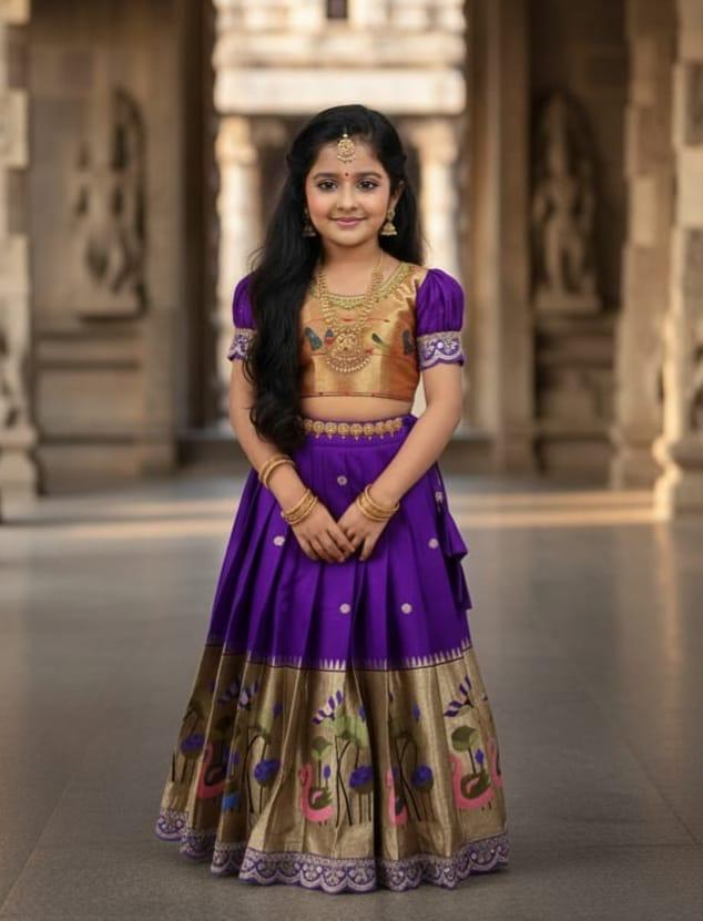 Semi Pattu Pavadai Lehenga Set for Girls with Woven Border