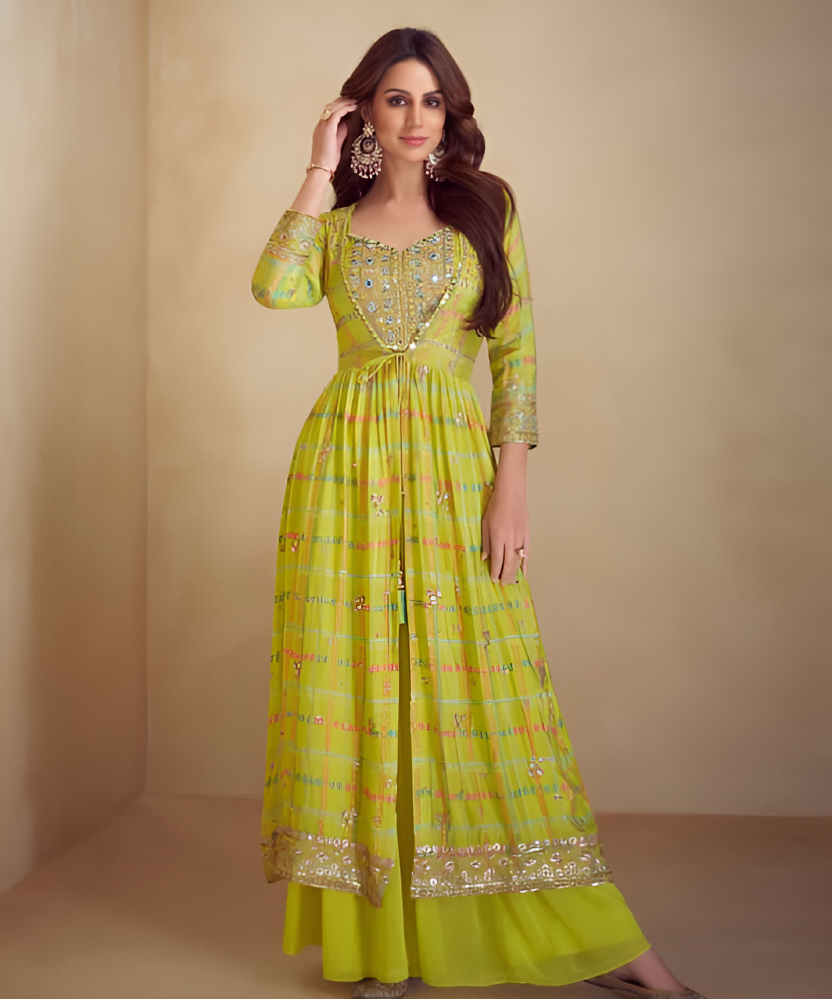Lime Embroidered Jacket, Blouse & Palazzo Set