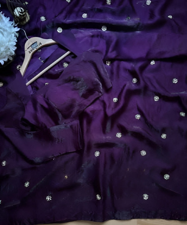 Midnight Plum Space Silk Saree with Stitched Blouse