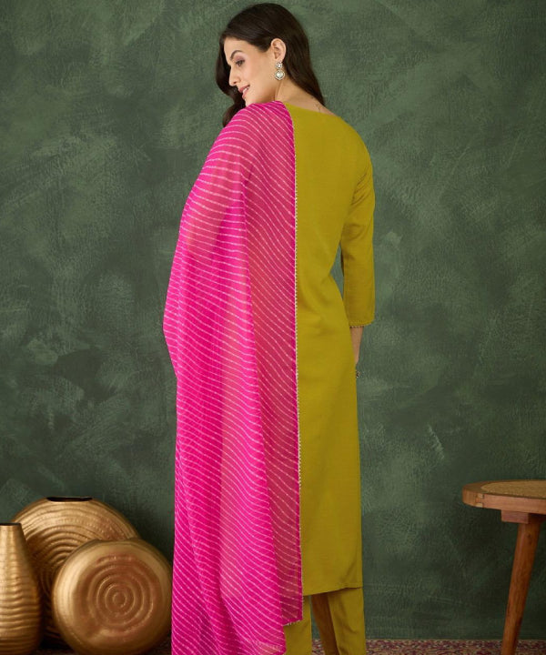 Mustard Embroidered Kurta Set with Pink Dupatta