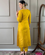 Mustard Embroidered Suit Set with Printed Dupatta – Festive Elegance