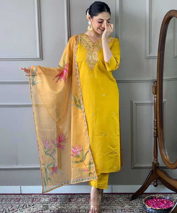 Mustard Embroidered Suit Set with Printed Dupatta – Festive Elegance
