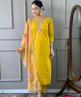 Mustard Embroidered Suit Set with Printed Dupatta – Festive Elegance