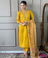 Mustard Embroidered Suit Set with Printed Dupatta – Festive Elegance