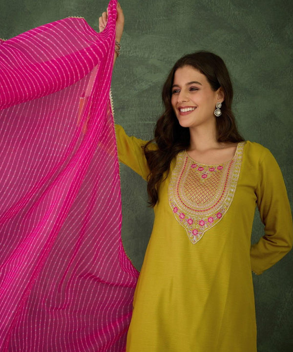 Mustard Embroidered Kurta Set with Pink Dupatta