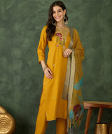 Mustard Floral Embroidered Kurti Set with Dupatta