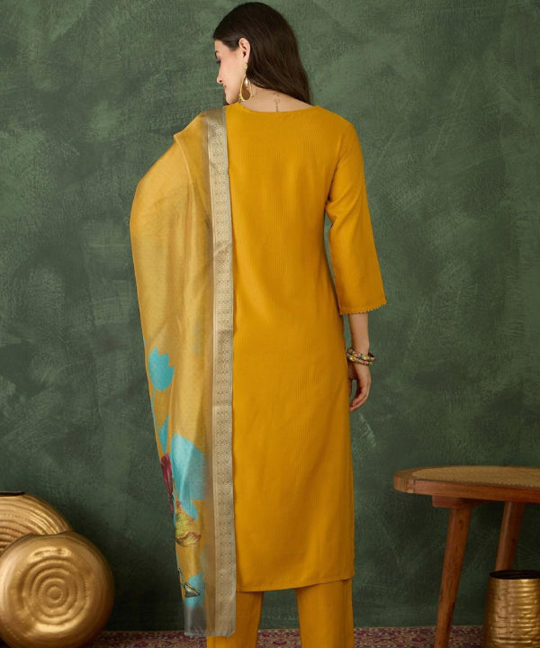 Mustard Floral Embroidered Kurti Set with Dupatta