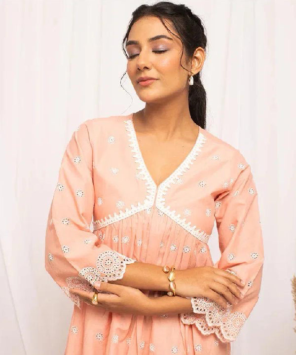 Peach Embroidered Cotton Dress