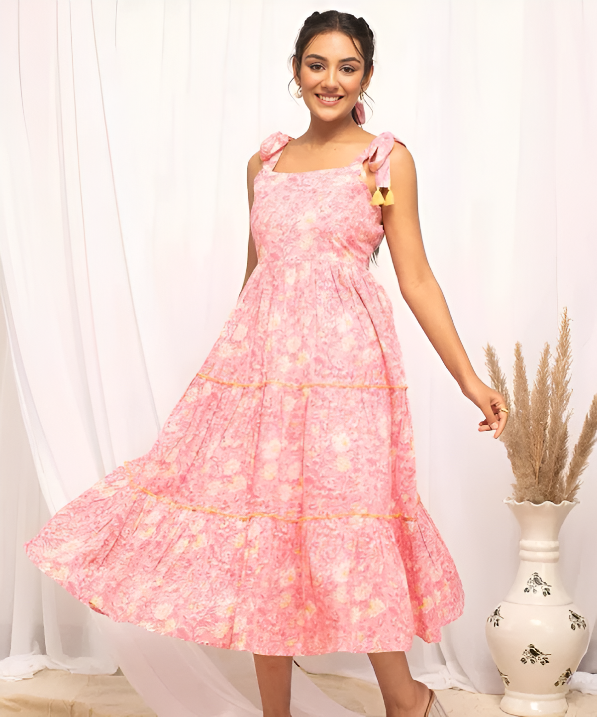 Pink Floral Tie-Shoulder Midi Dress