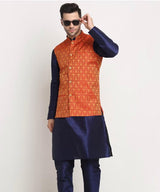 Red woven design Nehru jacket,has a mandarin collar,sleeveless,button closure,three pockets