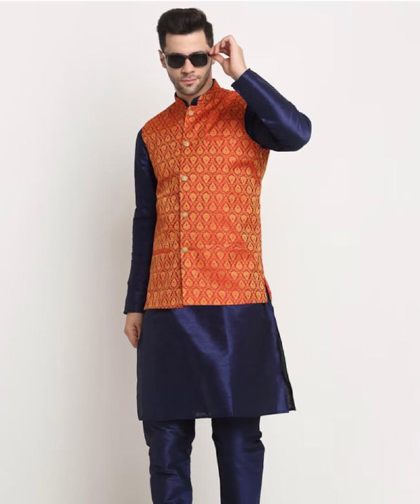 Red woven design Nehru jacket,has a mandarin collar,sleeveless,button closure,three pockets