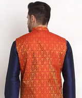Red woven design Nehru jacket,has a mandarin collar,sleeveless,button closure,three pockets