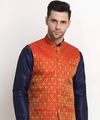 Red woven design Nehru jacket,has a mandarin collar,sleeveless,button closure,three pockets