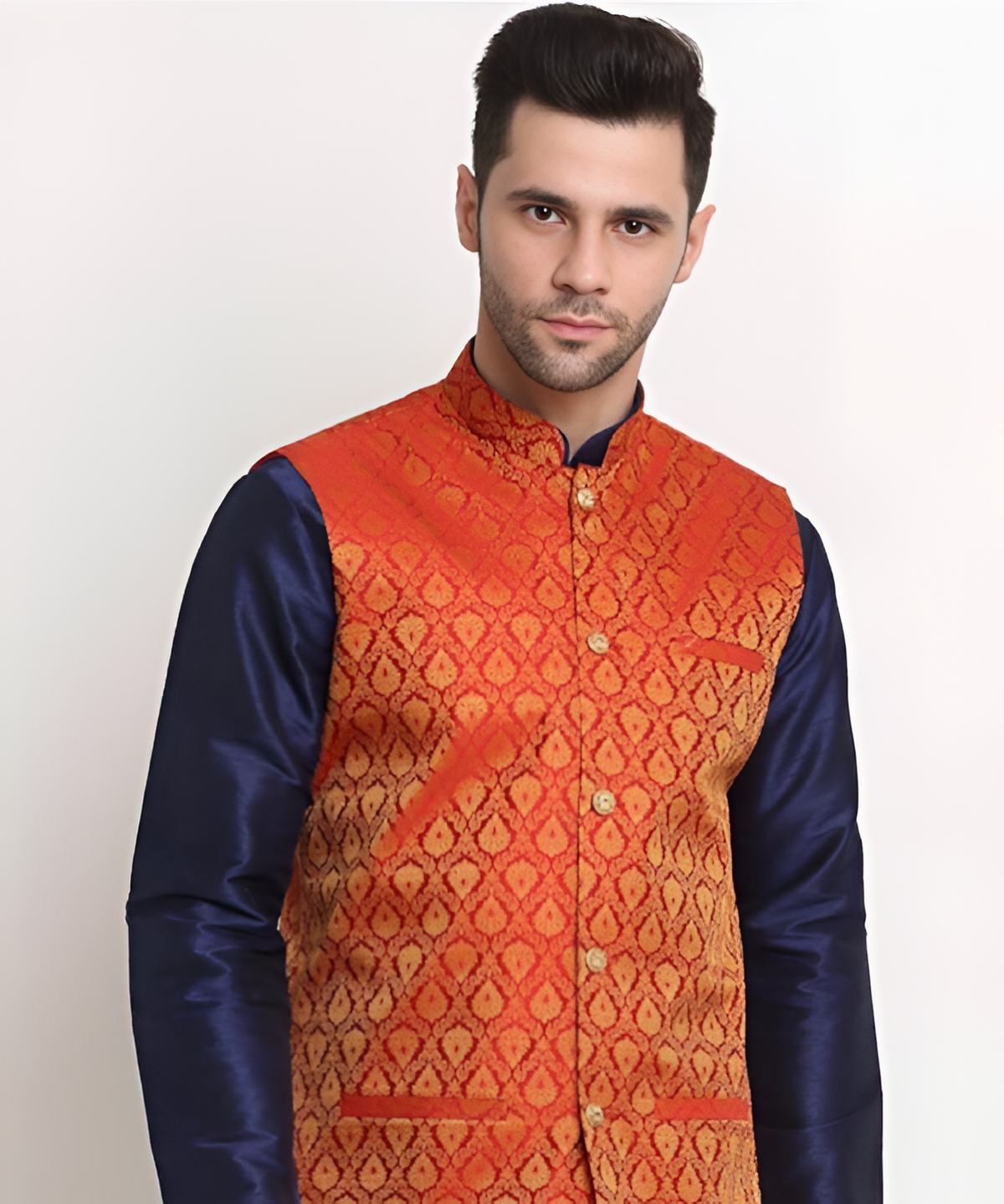 Red woven design Nehru jacket,has a mandarin collar,sleeveless,button closure,three pockets