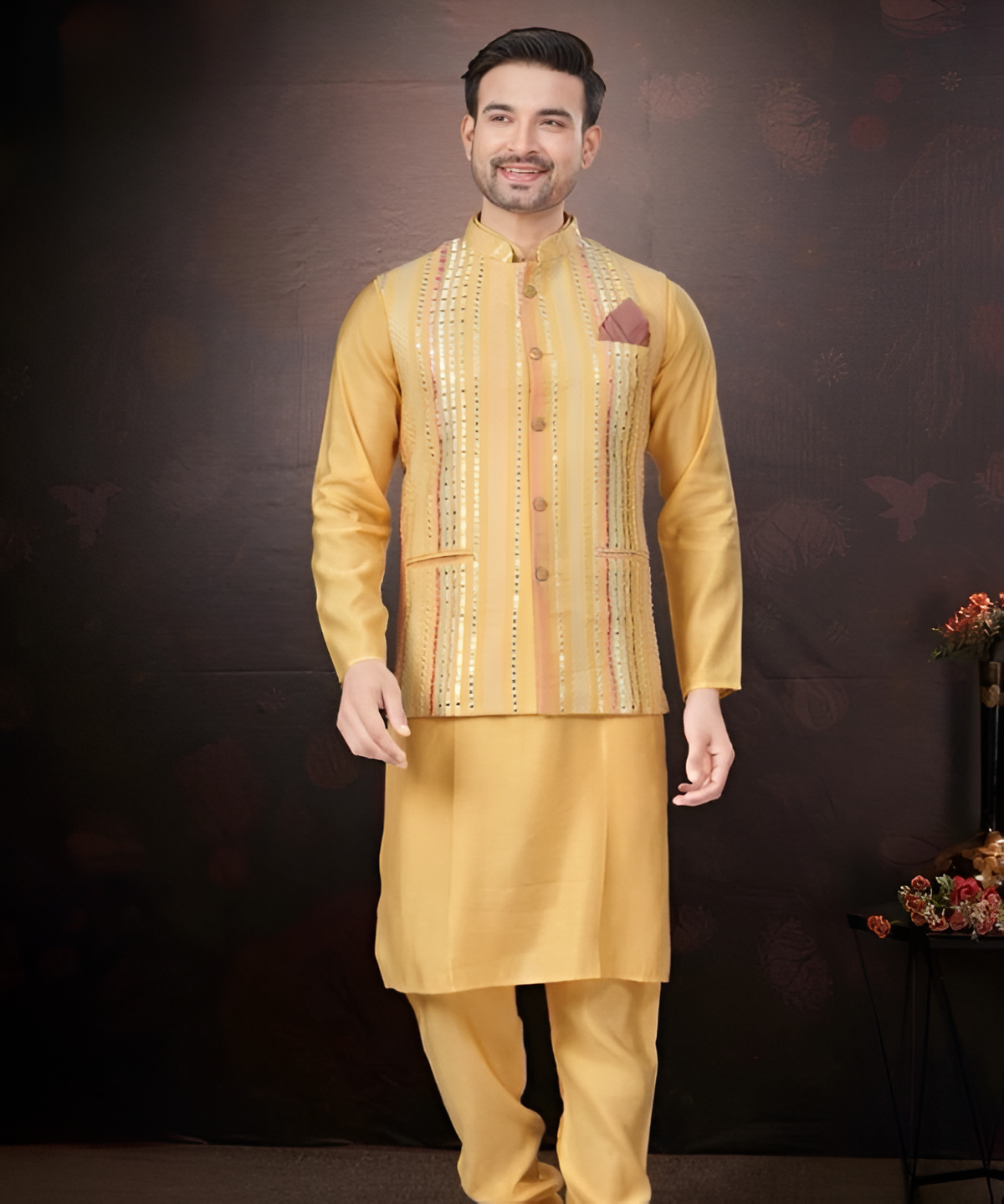 Silk embroidery kurta pajama and jacket