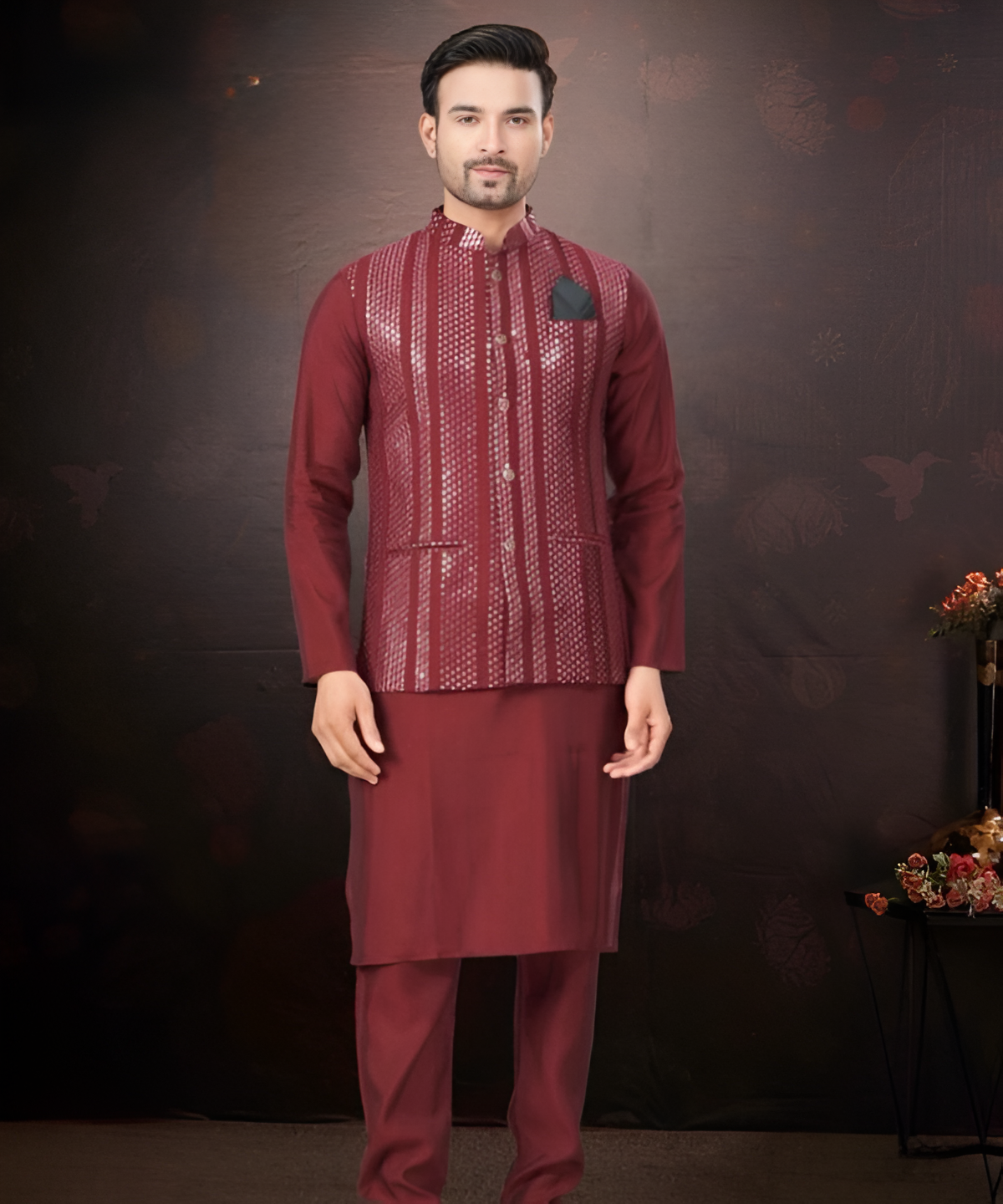 Silk embroidery kurta pajama and jacket