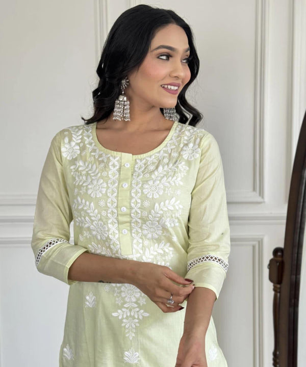 Soft Lime Chikankari Kurta Set with Dupatta