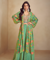 Vibrant Printed Jacket Set with Embellished Blouse & Palazzo