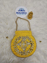 Floral Embroidered Silk Potli Bag with Pearl Handle