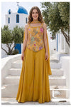 Mustard Yellow Floral Embroidered Indo-Western Palazzo Set with Dupatta