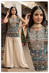 Teal Blue Floral Embroidered Palazzo Suit Set with Cream Dupatta
