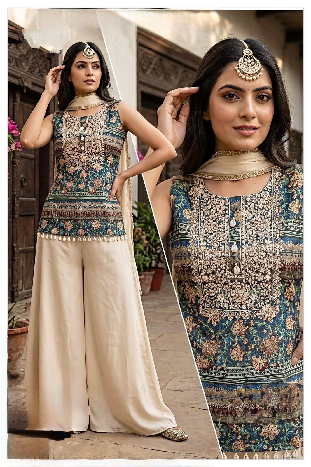 Teal Blue Floral Embroidered Palazzo Suit Set with Cream Dupatta
