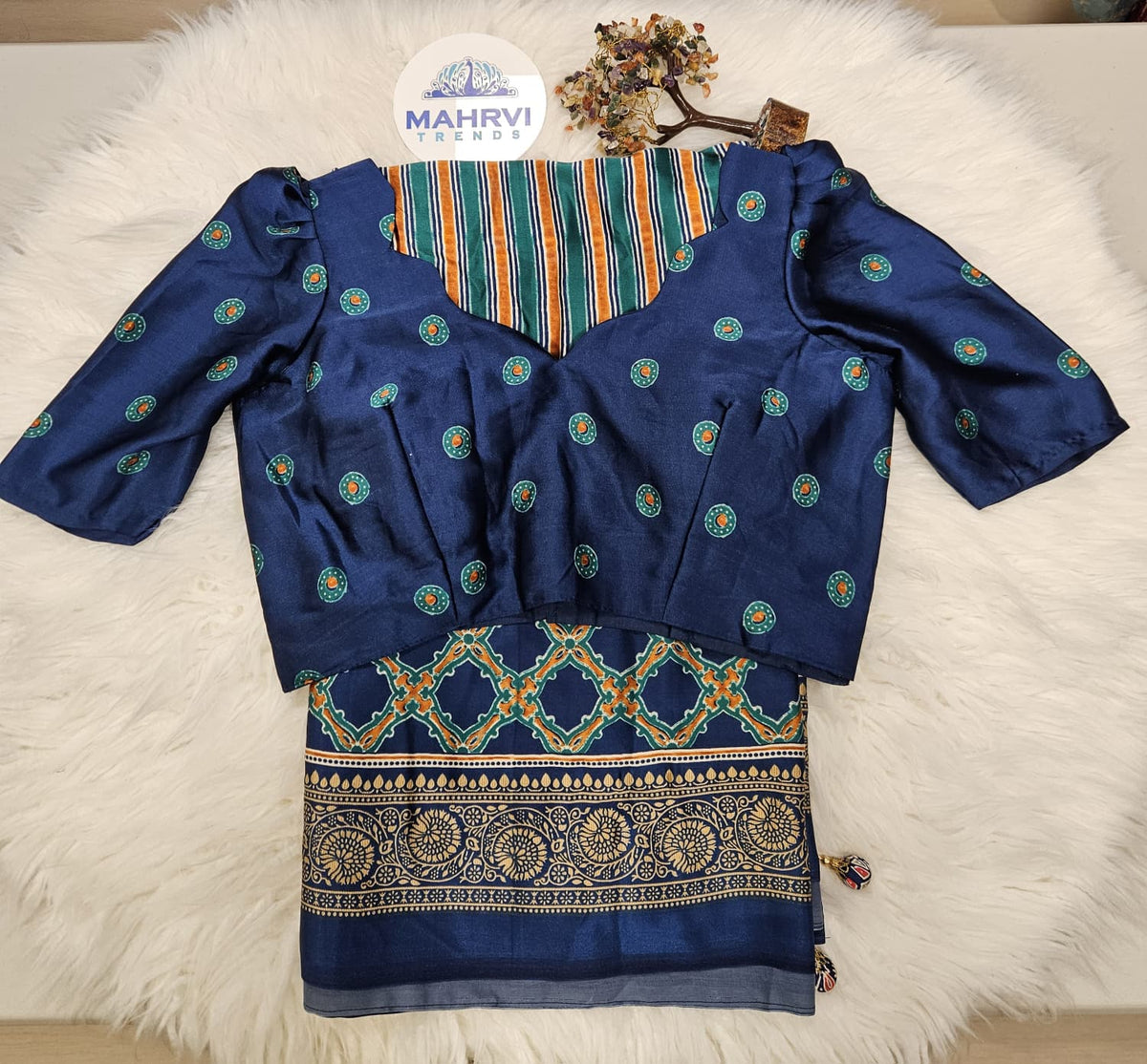 Navy Blue Puff Sleeve Designer Blouse with Heritage Print Saree – Elegant Ethnic Saree Set