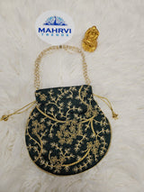Floral Embroidered Satin Potli Bag with Pearl Handle