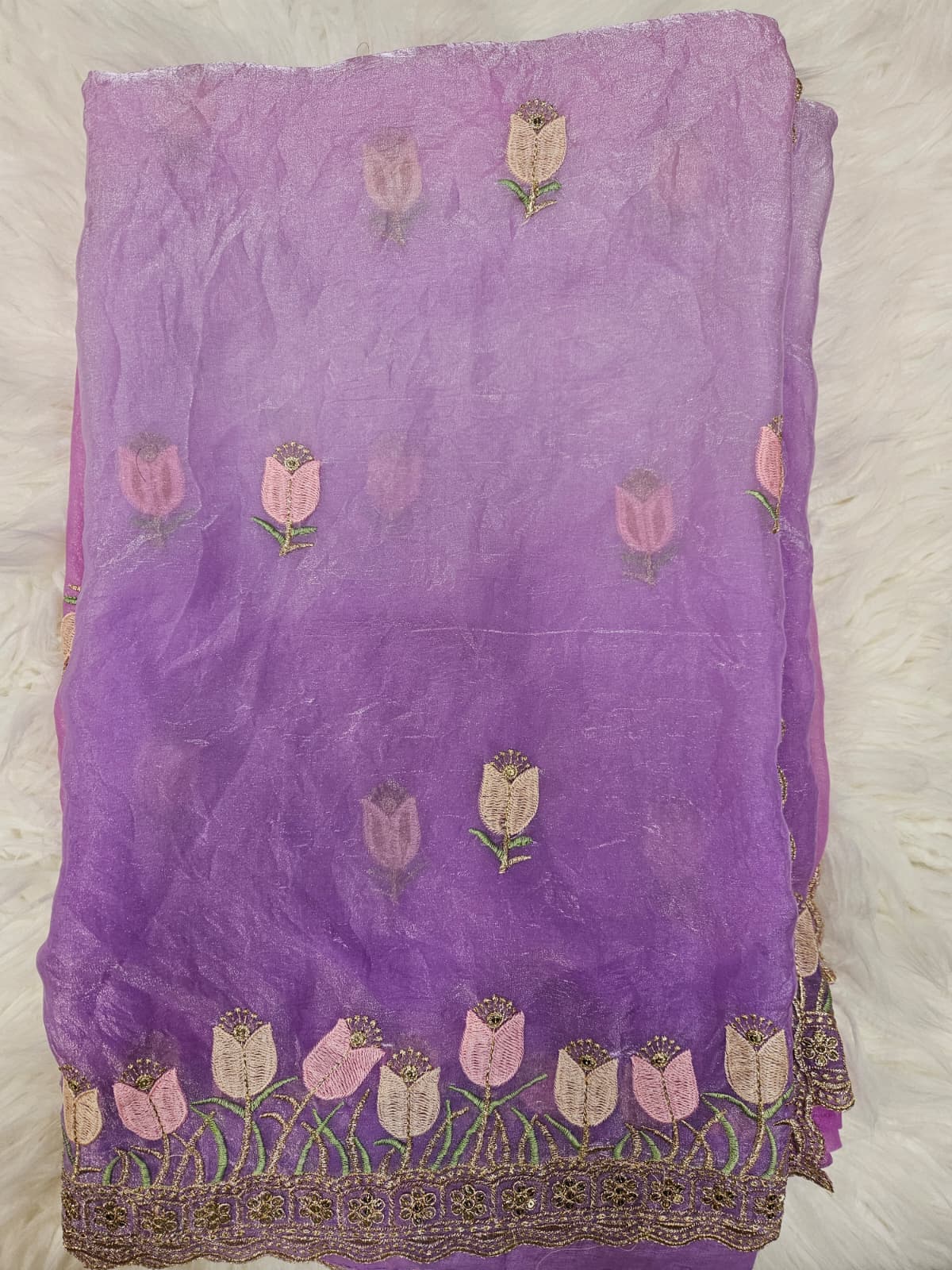 Lavender Embroidered Designer Blouse with Floral Organza Saree – Elegant Party Wear Saree Set