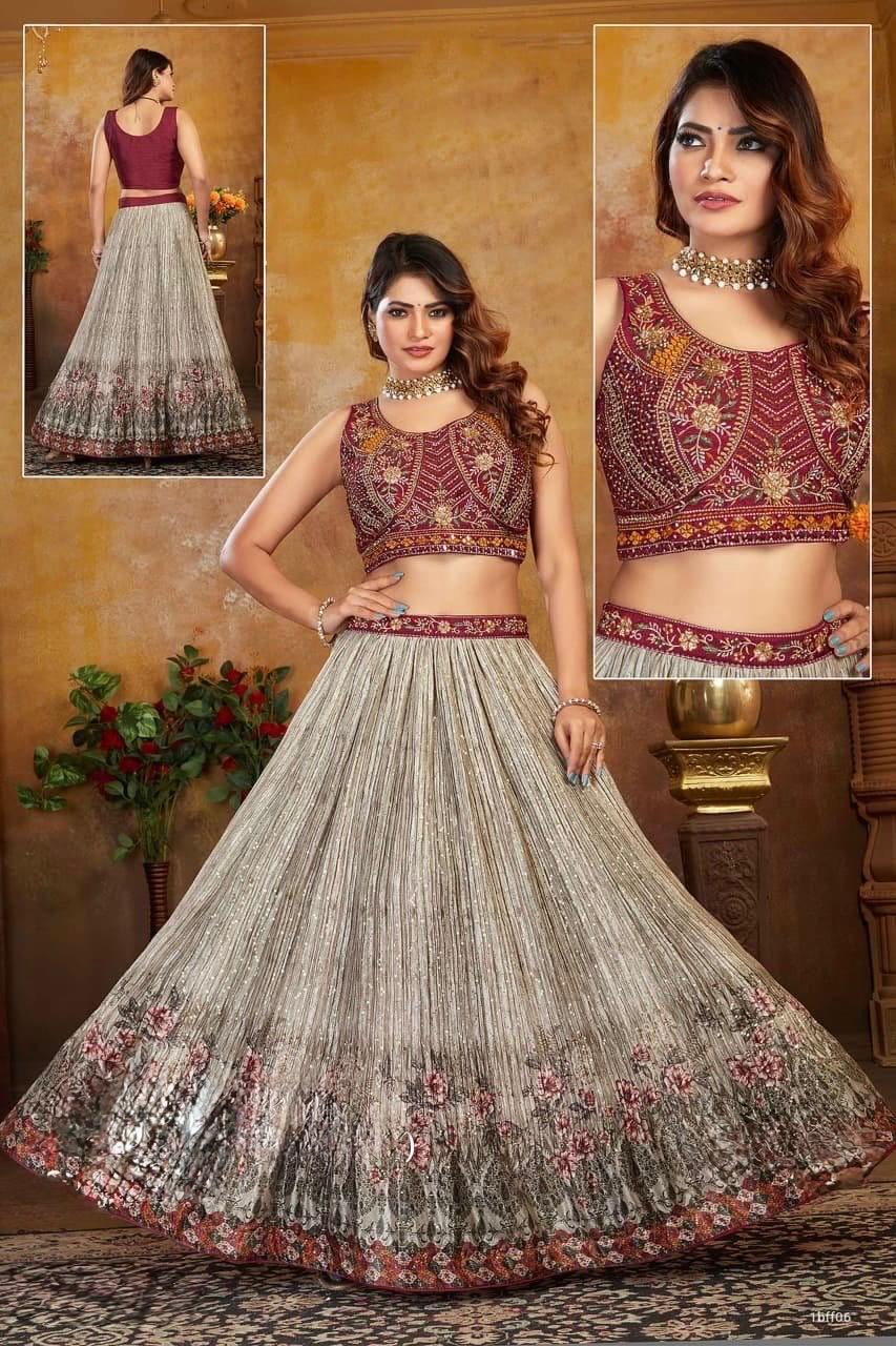 Silver Grey Floral Lehenga Set with Maroon Embroidered Blouse