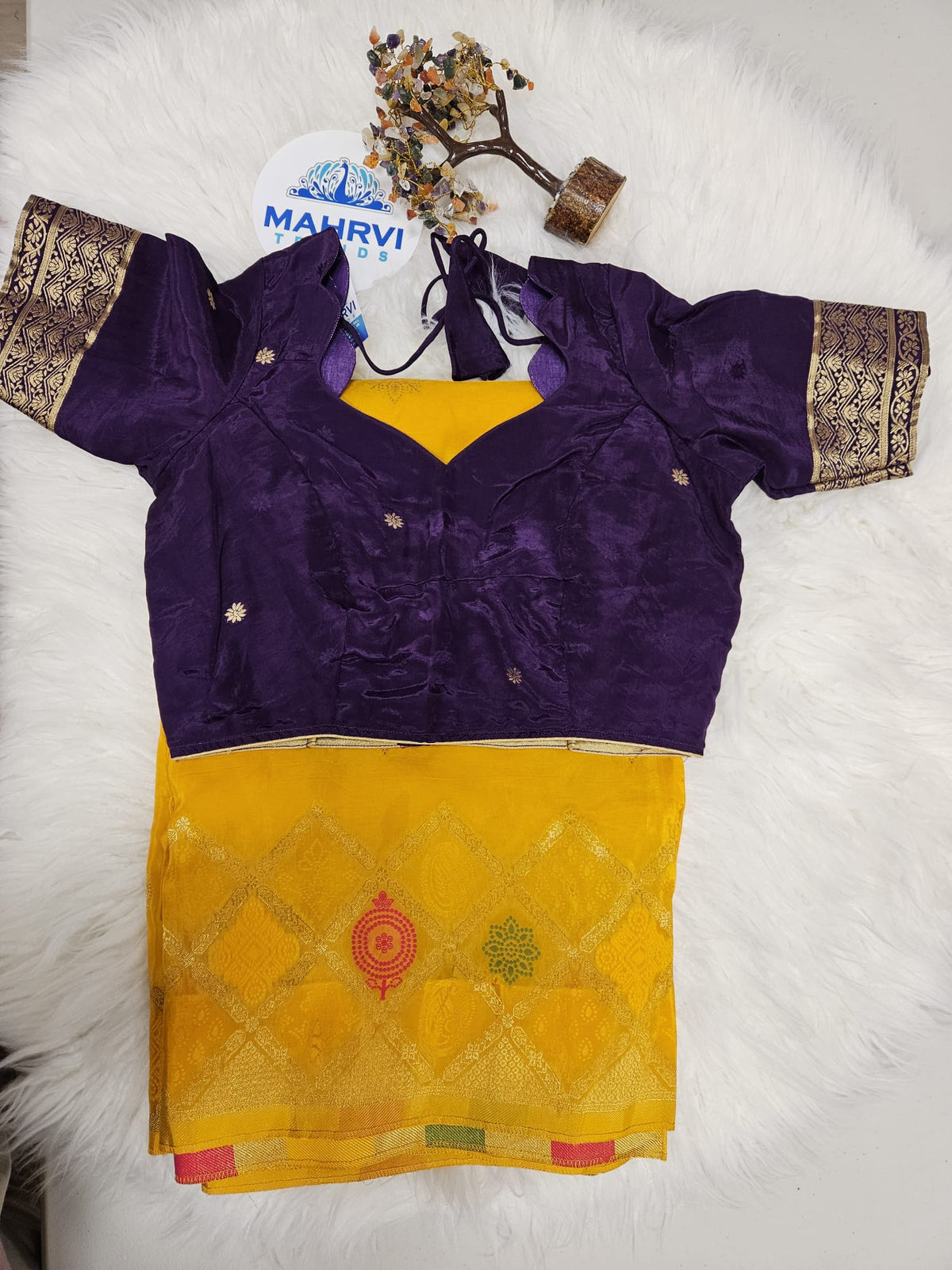 Purple Designer Blouse with Mustard Yellow Banarasi Saree – Traditional Festive Saree Set