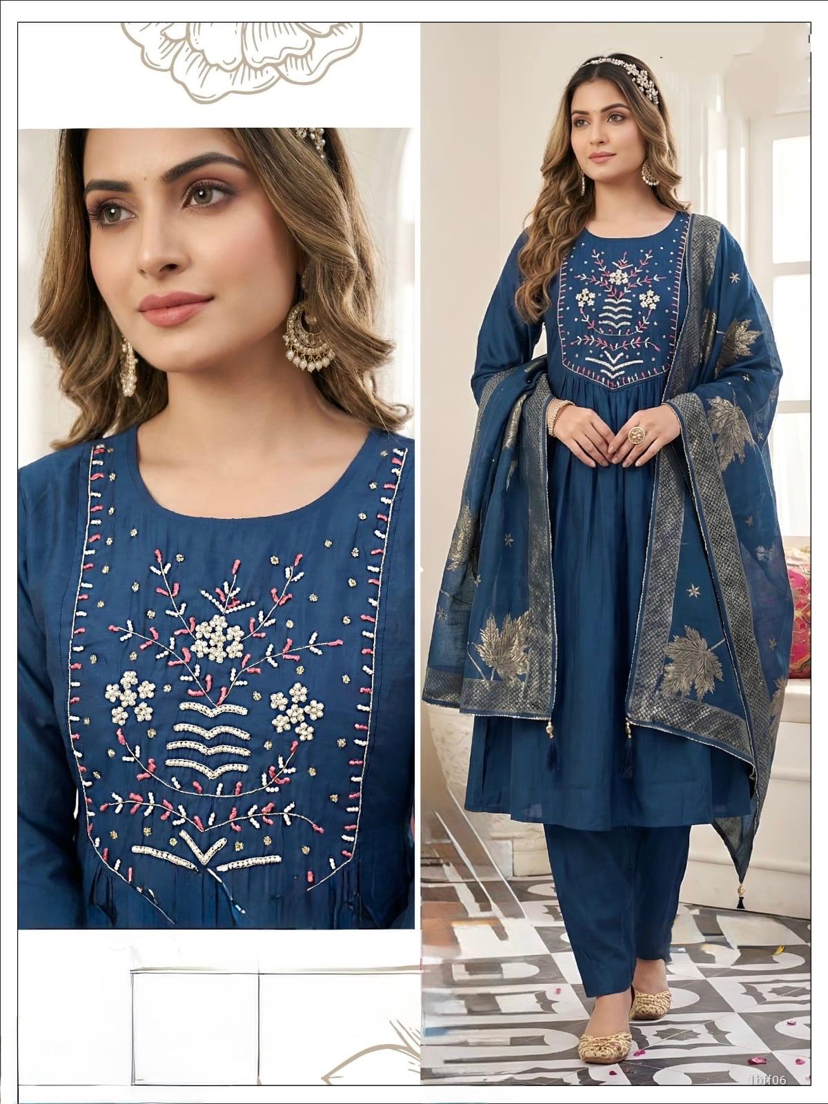 Navy Blue Embroidered Anarkali Suit Set with Printed Dupatta