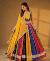 Multicolor Patchwork Lehenga Set with Mustard Dupatta and Embroidered Blouse