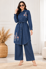 Women’s Blue Denim Shirt-Style Co-Ord Set with Floral Embroidery