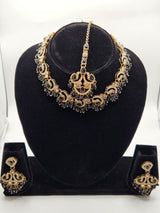 Black & Gold Kundan Necklace Set with Earrings & Maang Tikka