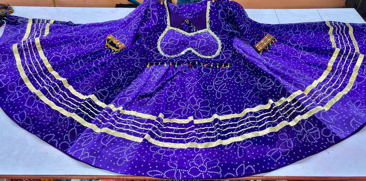 Royal Purple Bandhani Lehenga Choli Set with Gold Border