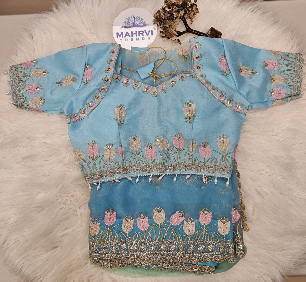 Sky Blue Embroidered Designer Blouse with Floral Organza Saree – Elegant Party Wear Saree Set